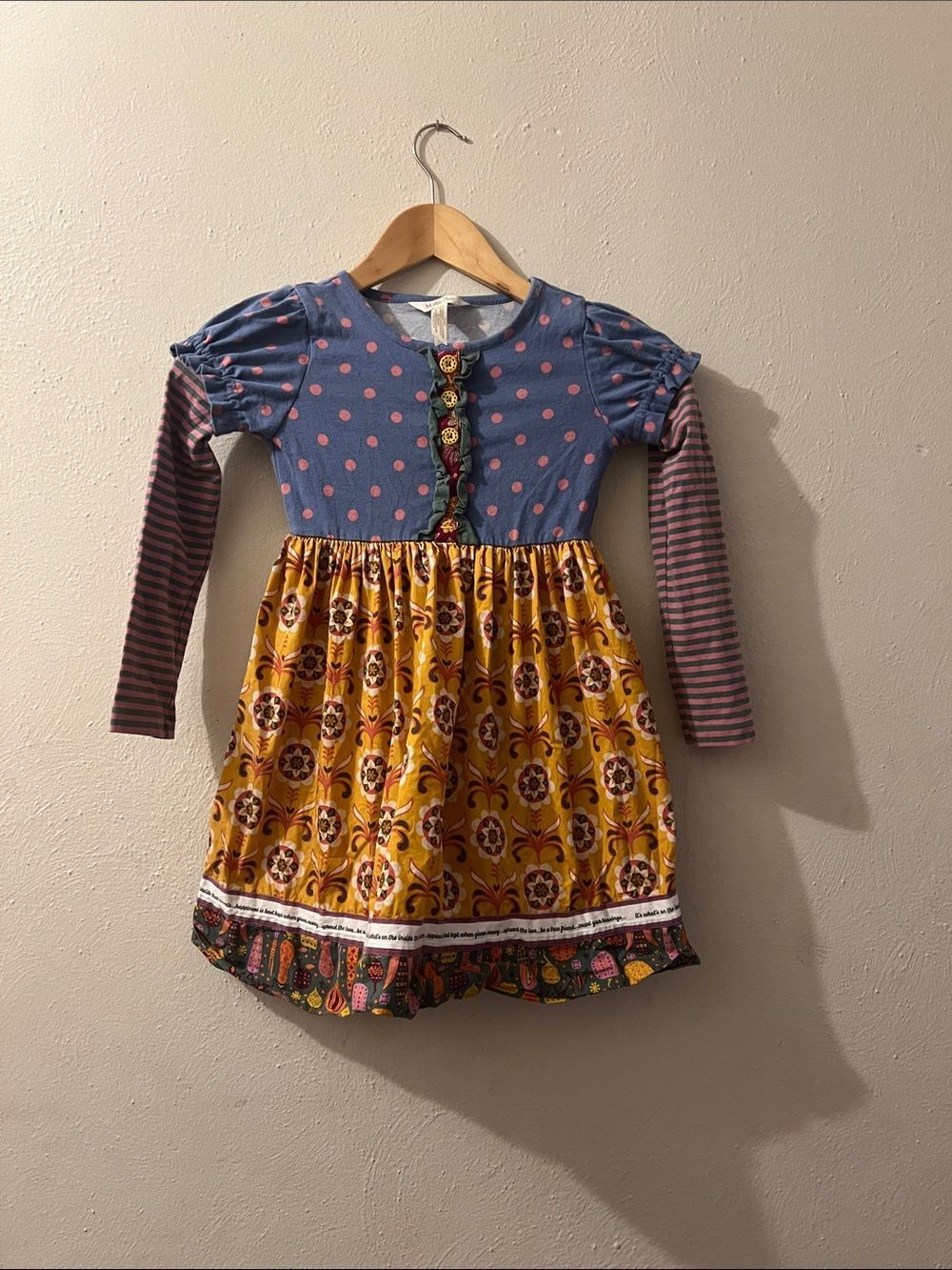 Girls' Multi-Pattern Long Sleeve Dress - Blue & Mustard